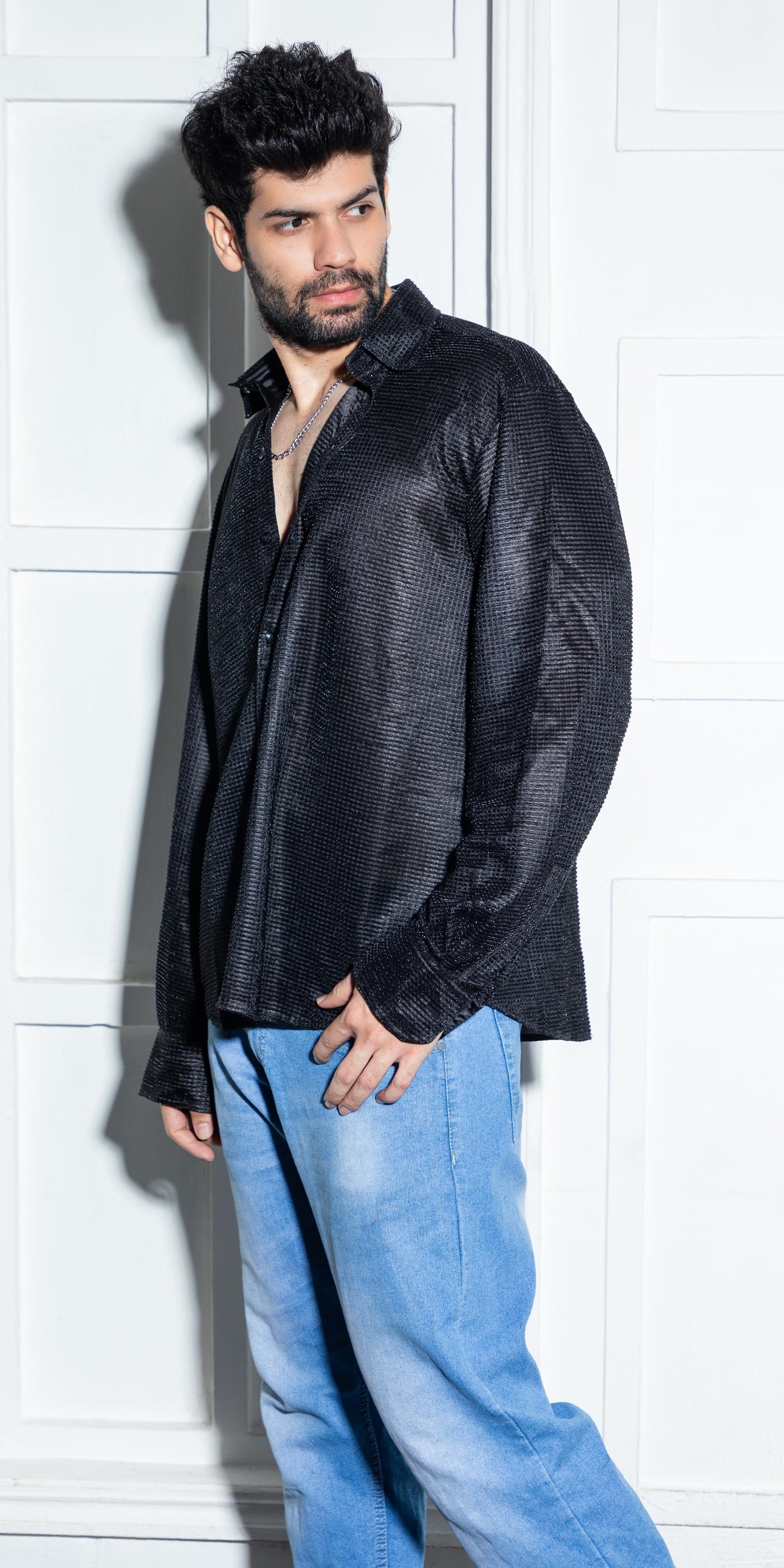 Midnight Mesh: Textured Noir Shirt
