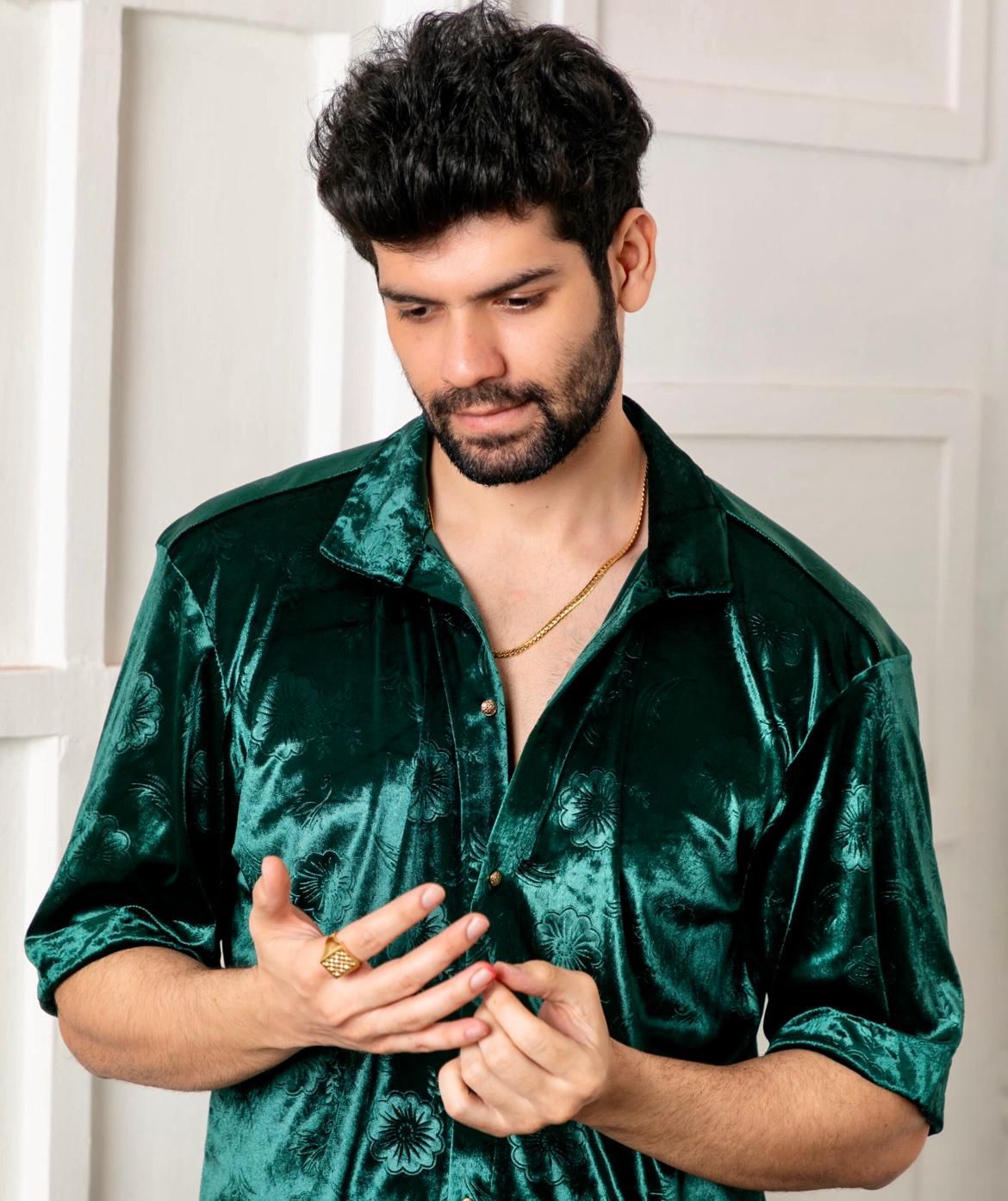 Emerald Bloom: Embossed Velvet Shirt