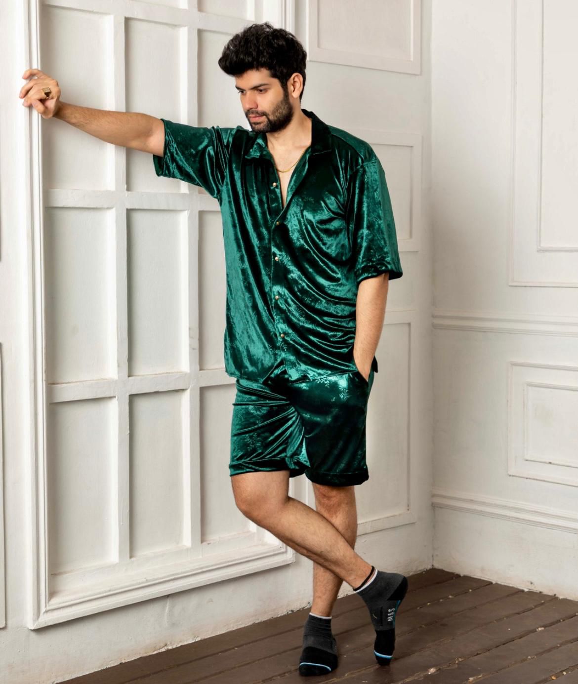 Emerald Bloom: Embossed Velvet Shirt