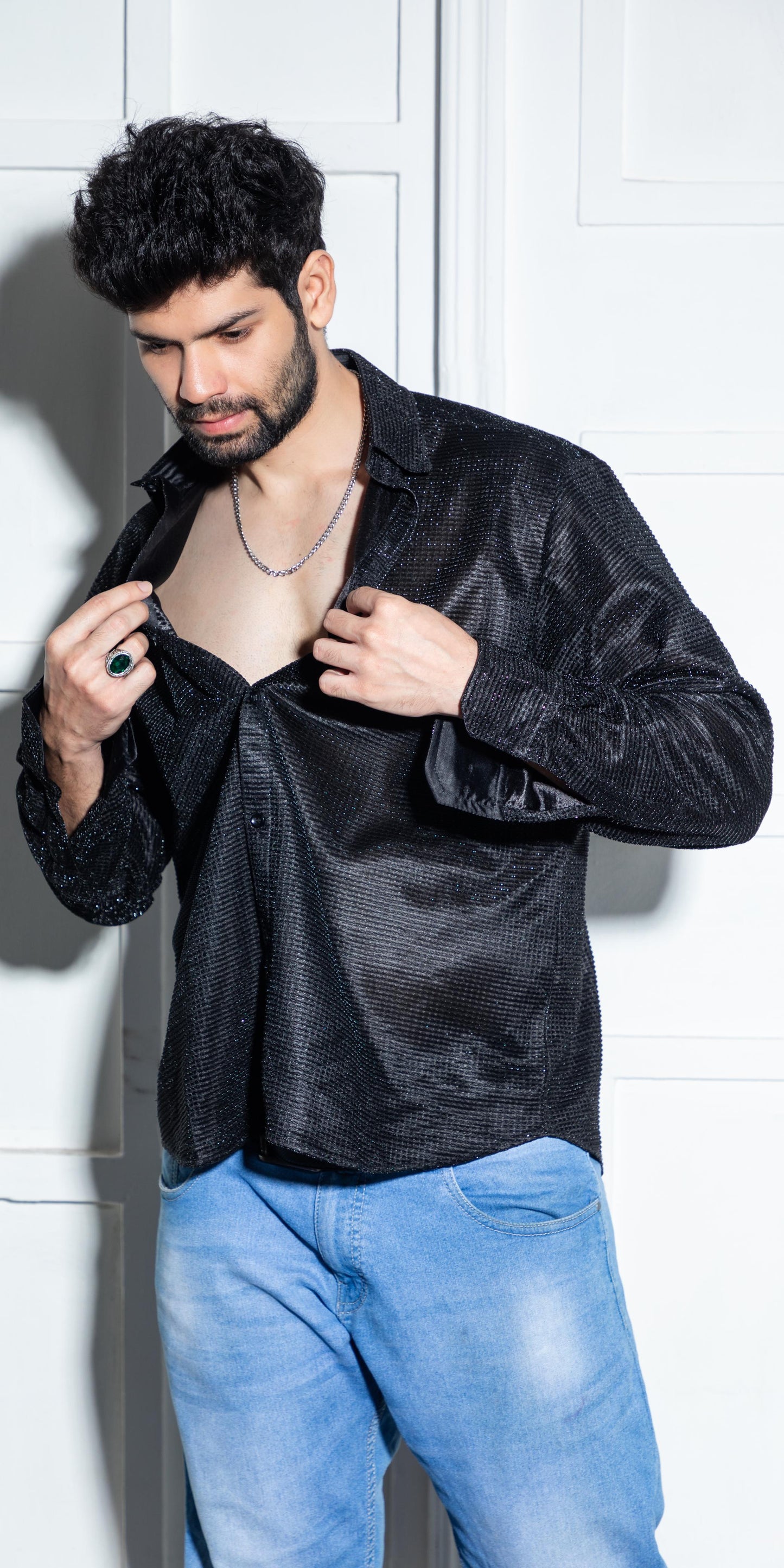 Midnight Mesh: Textured Noir Shirt