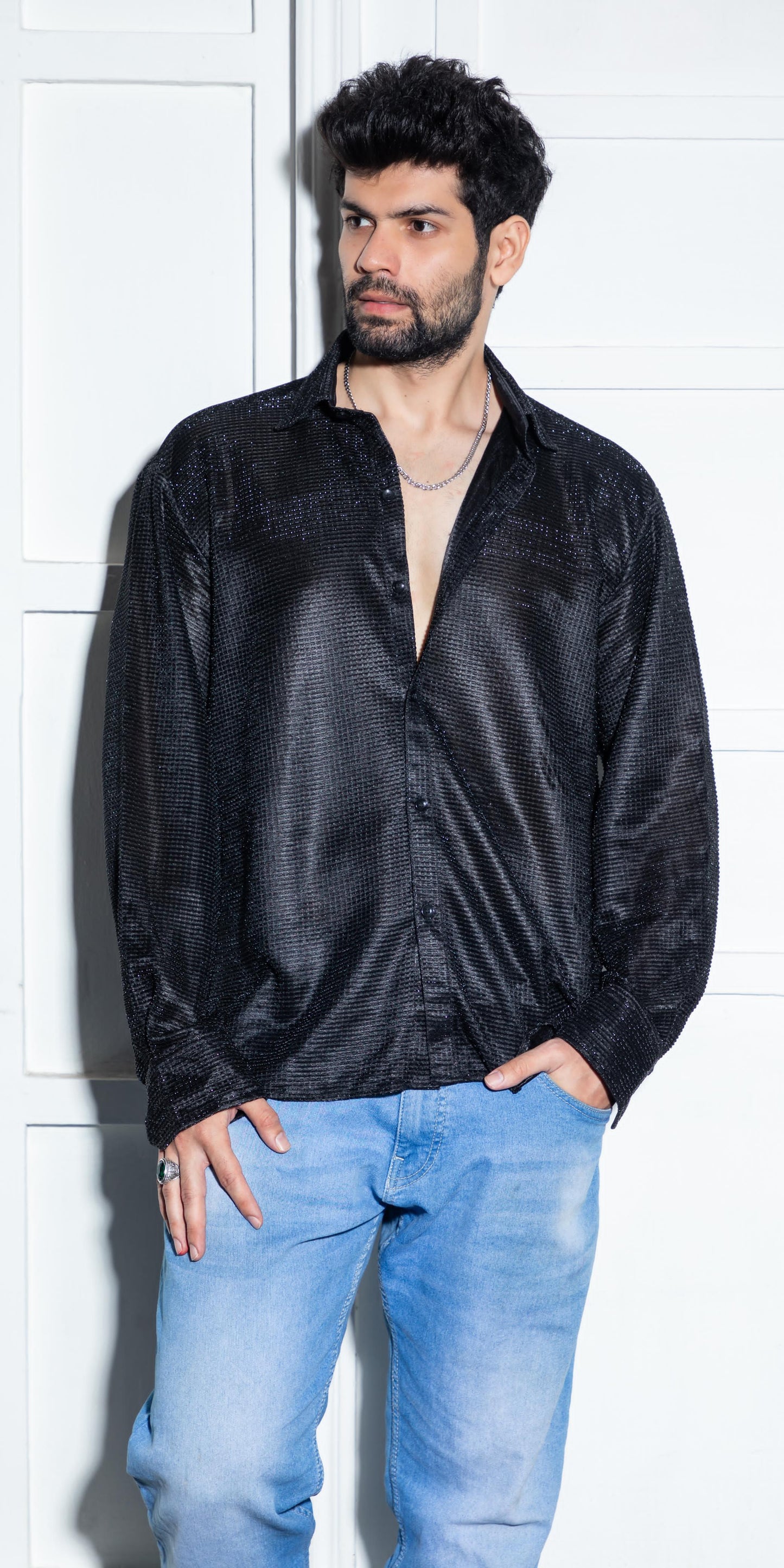 Midnight Mesh: Textured Noir Shirt