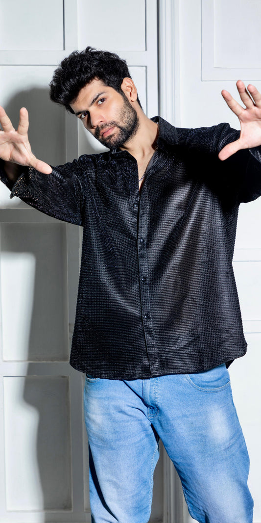 Midnight Mesh: Textured Noir Shirt
